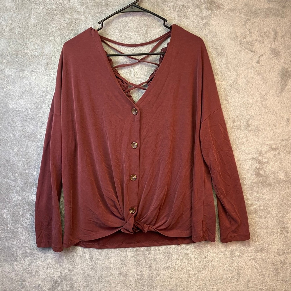 Daytrip Womens XL Burgundy Crochet Lace Strappy Reversible Button Knot Top